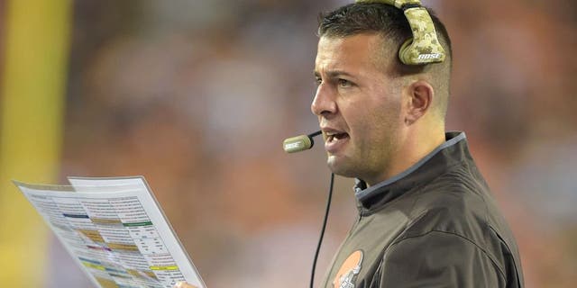 Nov 5, 2015; Cincinnati, OH, USA; Cleveland Browns offensive coordinator John DeFilippo reacts during an NFL football game against the Cincinnati Bengals at Paul Brown Stadium. Mandatory Credit: Kirby Lee-USA TODAY Sports