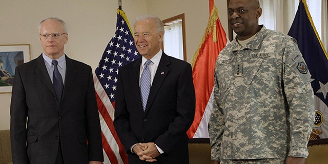Jan. 13: U.S. Vice President Joe Biden, center, is seen with Ambassador to Iraq James F. Jeffrey, left, and Gen. Lloyd Austin, the top U.S. commander in Iraq, in Baghdad, Iraq.