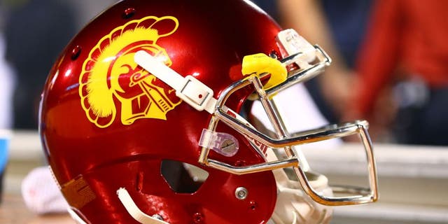 Sep 26, 2015; Tempe, AZ, USA; Detailed view of a Southern California Trojans helmet against the Arizona State Sun Devils at Sun Devil Stadium. Mandatory Credit: Mark J. Rebilas-USA TODAY Sports