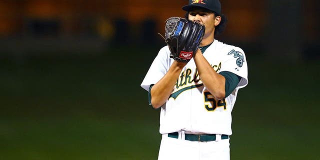 Nov 7, 2015; Phoenix, AZ, USA; Oakland Athletics pitcher Sean Manaea during the Arizona Fall League Fall Stars game at Salt River Fields. Mandatory Credit: Mark J. Rebilas-USA TODAY Sports