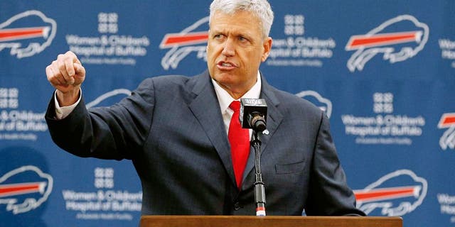 Jan 14, 2015; Orchard Park, NY, USA; Buffalo Bills head coach Rex Ryan speaks during a press conference at ADPRO Sports Training Center. Mandatory Credit: Kevin Hoffman-USA TODAY Sports