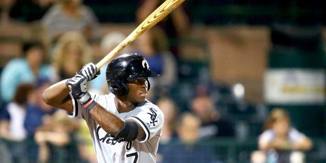 Oct. 10, 2014; Scottsdale, AZ, USA; Chicago White Sox infielder Tim Anderson plays for the Glendale Desert Dogs against the Scottsdale Scorpions during an Arizona Fall League game at Cubs Park. Mandatory Credit: Mark J. Rebilas-USA TODAY Sports