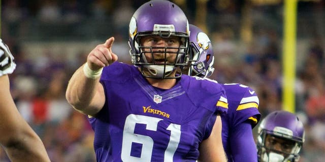Aug 22, 2015; Minneapolis, MN, USA; Minnesota Vikings offensive lineman Joe Berger (61) in the second quarter against the Oakland Raiders at TCF Bank Stadium. Mandatory Credit: Brad Rempel-USA TODAY Sports