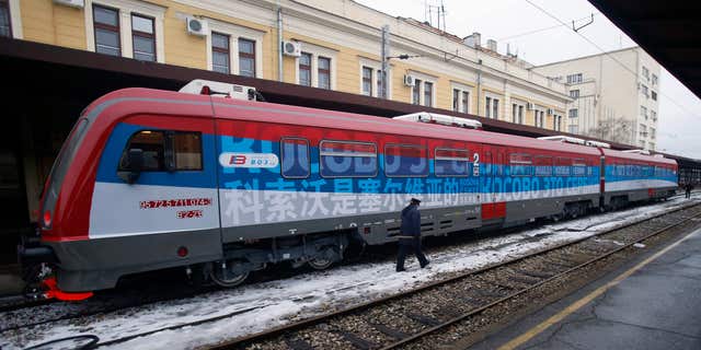 Jan. 14, 2017: A railroad worker walks by the first train decorated with letters that read "Kosovo is Serbian" written in twenty languages departing from the Belgrade to Mitrovica, Kosovo at Belgrade's railway station, Serbia.