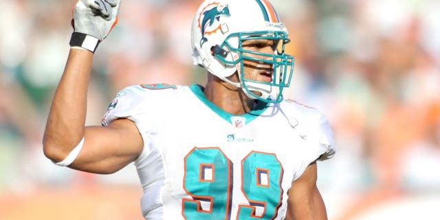 Defensive end Jason Taylor #99 of the Miami Dolphins celebrates against the New York Jets at Sun Life Stadium on January 1, 2012 in Miami Gardens, Florida. The Dolphins defeated the Jets 19-17. (Photo by Marc Serota/Getty Images)