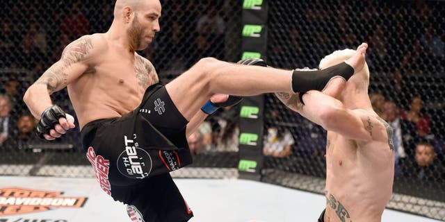 PHOENIX, AZ - DECEMBER 13: (L-R) Ben Saunders kicks Joe Riggs in their welterweight fight during the UFC Fight Night event at the U.S. Airways Center on December 13, 2014 in Phoenix, Arizona. (Photo by Josh Hedges/Zuffa LLC/Zuffa LLC via Getty Images)