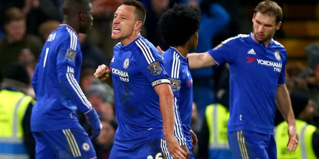 LONDON, ENGLAND - JANUARY 16: John Terry of Chelsea celebrates scoring his team's third goal during the Barclays Premier League match between Chelsea and Everton at Stamford Bridge on January 16, 2016 in London, England. (Photo by Clive Rose/Getty Images)