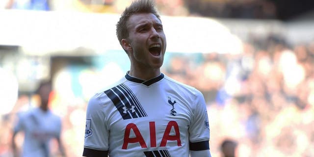 LONDON, ENGLAND - JANUARY 16: Christian Eriksen of Tottenham Hotspur celebrates scoring his team's first goal during the Barclays Premier League match between Tottenham Hotspur and Sunderland at White Hart Lane on January 16, 2016 in London, England. (Photo by Michael Regan/Getty Images)