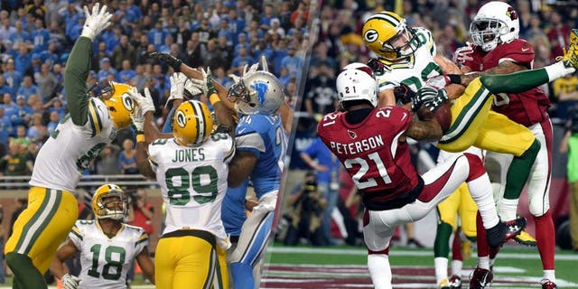 January 16, 2016; Glendale, AZ, USA; Green Bay Packers wide receiver Jeff Janis (83) catches a touchdown pass against Arizona Cardinals cornerback Patrick Peterson (21) and free safety Rashad Johnson (26) during the second half in a NFC Divisional round playoff game at University of Phoenix Stadium. Mandatory Credit: Kyle Terada-USA TODAY Sports Dec 3, 2015; Detroit, MI, USA; Green Bay Packers tight end Richard Rodgers (82) catches a 61-yard touchdown pass with no time remaining during an NFL football game against the Detroit Lions at Ford Field. The Packers defeated the Lions 27-23. Mandatory Credit: Kirby Lee-USA TODAY Sports