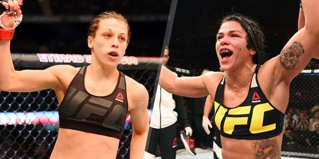 MELBOURNE, AUSTRALIA - NOVEMBER 15: Joanna Jedrzejczyk holds up one finger from the Octagon before facing Valerie Letourneau (not pictured) in their UFC women's strawweight championship bout during the UFC 193 event at Etihad Stadium on November 15, 2015 in Melbourne, Australia. (Photo by Josh Hedges/Zuffa LLC/Zuffa LLC via Getty Images) RIO DE JANEIRO, BRAZIL - AUGUST 01: Claudia Gadelha of Brazil celebrates her victory over Jessica Aguilar of the United States in their women's strawweight bout during the UFC 190 event inside HSBC Arena on August 1, 2015 in Rio de Janeiro, Brazil. (Photo by Josh Hedges/Zuffa LLC/Zuffa LLC via Getty Images)