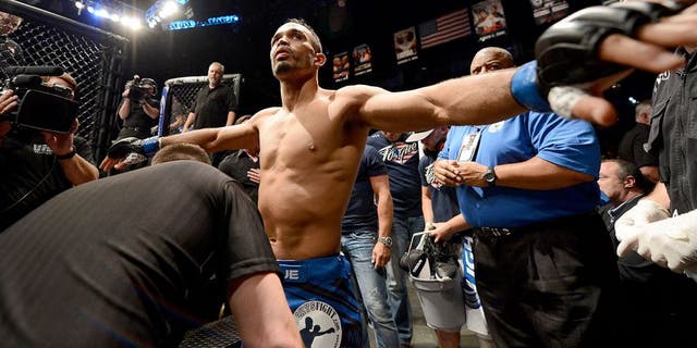 LAS VEGAS, NV - JULY 05: Rob Font prepares to enter the Octagon in his bantamweight fight against George Roop at UFC 175 inside the Mandalay Bay Events Center on July 5, 2014 in Las Vegas, Nevada. (Photo by Donald Miralle/Zuffa LLC/Zuffa LLC via Getty Images)