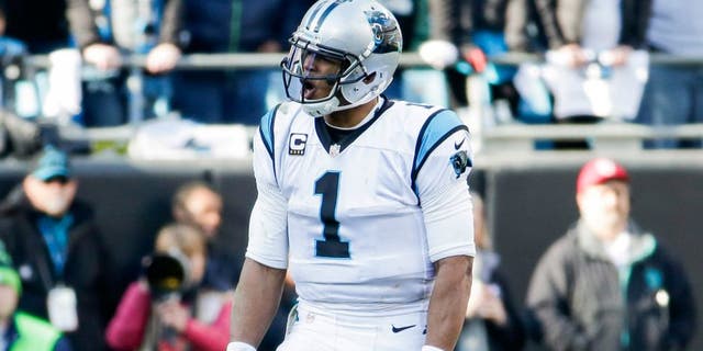 Jan 17, 2016; Charlotte, NC, USA; Carolina Panthers quarterback Cam Newton (1) reacts during the fourth quarter against the Seattle Seahawks in a NFC Divisional round playoff game at Bank of America Stadium. Mandatory Credit: Jeremy Brevard-USA TODAY Sports