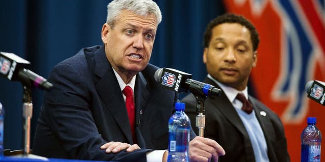 ORCHARD PARK, NY - JANUARY 14: Rex Ryan speaks while manager Doug Whaley (R) listens at a press conference announcing Rex Ryan's arrival as head coach of the Buffalo Bills on January 14, 2015 at Ralph Wilson Stadium in Orchard Park, New York. (Photo by Brett Carlsen/Getty Images)