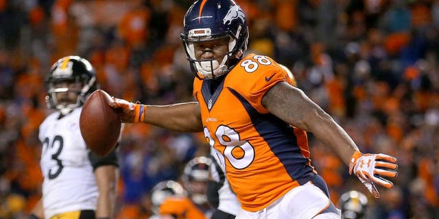 DENVER, CO - JANUARY 17: Demaryius Thomas #88 of the Denver Broncos celebrates after scoring the two point conversion in the fourth quarter against the Pittsburgh Steelers during the AFC Divisional Playoff Game at Sports Authority Field at Mile High on January 17, 2016 in Denver, Colorado. (Photo by Justin Edmonds/Getty Images)