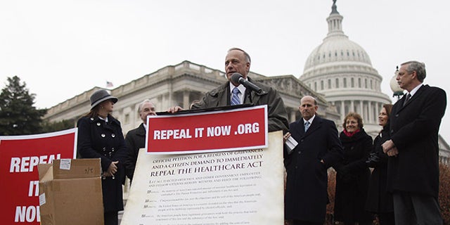 Jan. 18: Rep. Steve King, R-Iowa, speaks after accepting delivery of signed petitions demanding the repeal of 'ObamaCare' in Washington.