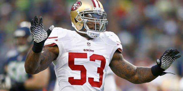 SEATTLE, WA - JANUARY 19: Inside linebacker NaVorro Bowman #53 of the San Francisco 49ers reacts in the first half while taking on the Seattle Seahawks during the 2014 NFC Championship at CenturyLink Field on January 19, 2014 in Seattle, Washington. (Photo by Jonathan Ferrey/Getty Images)