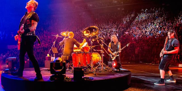 QUEBEC CITY, CANADA - SEPTEMBER 16: (L to R) James Hetfield, Lars Ulrich, Kirk Hammett, and Robert Trujillo of Metallica performing at Centre Videotron on September 16, 2015 in Quebec City, Canada. (Photo by Jeff Yeager/Michael Ochs Archives/Getty Images)