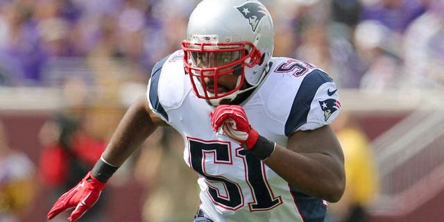 Sep 14, 2014; Minneapolis, MN, USA; New England Patriots linebacker Jerod Mayo (51) against the Minnesota Vikings at TCF Bank Stadium. The Patriots defeated the Vikings 30-7. Mandatory Credit: Brace Hemmelgarn-USA TODAY Sports