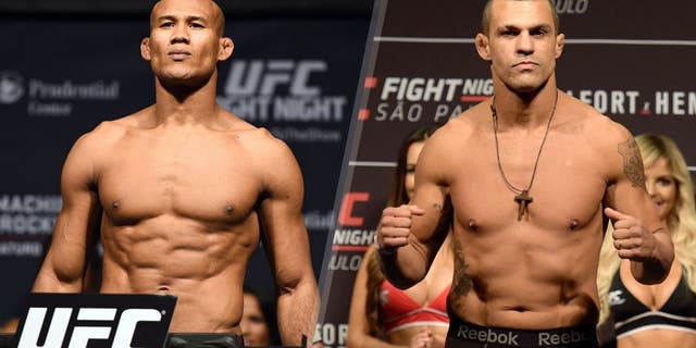 NEWARK, NJ - APRIL 17: Ronaldo 'Jacare' Souza of Brazil steps on the scale during the UFC Fight Night weigh-in event at the Prudential Center on April 17, 2015 in Newark, New Jersey. (Photo by Jeff Bottari/Zuffa LLC/Zuffa LLC via Getty Images) SAO PAULO, BRAZIL - NOVEMBER 06: Vitor Belfort of Brazil weighs in during the UFC Fight Night weigh-in at Ibirapuera Gymnasium on November 06, 2015 in Sao Paulo, Brazil. (Photo by Buda Mendes/Zuffa LLC/Zuffa LLC via Getty Images)