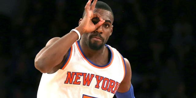 Jan 19, 2015; New York, NY, USA; New York Knicks guard Tim Hardaway Jr. (5) reacts after making a three-point shot against the New Orleans Pelicans during the fourth quarter at Madison Square Garden. The Knicks defeated the Pelicans 99-92. Mandatory Credit: Adam Hunger-USA TODAY Sports