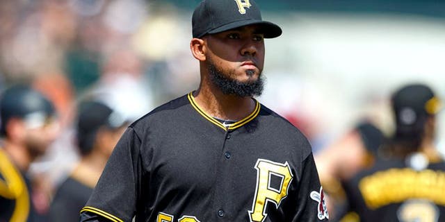 Jul 2, 2015; Detroit, MI, USA; Pittsburgh Pirates relief pitcher Antonio Bastardo (59) walks off the field after being relieved in the eighth inning against the Detroit Tigers at Comerica Park. Mandatory Credit: Rick Osentoski-USA TODAY Sports
