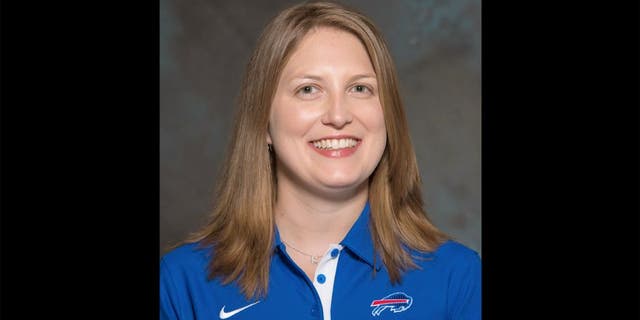 FILE - A May 2015 photo shows Kathryn Smith of the Buffalo Bills NFL football team. The Bills promoted Smith to be their special teams quality control coach, making her the first full-time female member of an NFL coaching staff. The team announced the move in a release Wednesday night, Jan. 20, 2016. Smith was an administrative assistant this season for Bills assistant coaches under Rex Ryan, with whom she has worked for seven years. (AP Photo/File)
