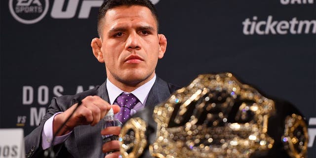 LAS VEGAS, NV - JANUARY 20: UFC lightweight champion Rafael dos Anjos of Brazil interacts with media during the UFC 197 on-sale press conference event inside MGM Grand Hotel & Casino on January 20, 2016 in Las Vegas, Nevada. (Photo by Jeff Bottari/Zuffa LLC/Zuffa LLC via Getty Images)