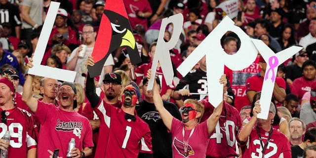 Oct 26, 2015; Glendale, AZ, USA; Arizona Cardinals fans cheers during the second half against the Baltimore Ravens at University of Phoenix Stadium. Mandatory Credit: Matt Kartozian-USA TODAY Sports