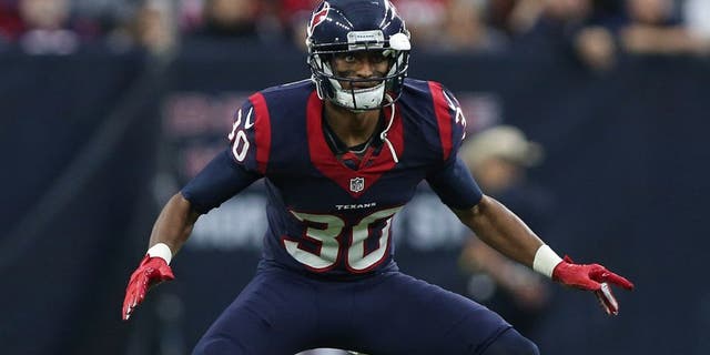 Nov 29, 2015; Houston, TX, USA; Houston Texans strong safety Kevin Johnson (30) in action during a game against the New Orleans Saints at NRG Stadium. Mandatory Credit: Troy Taormina-USA TODAY Sports