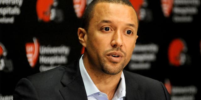 BEREA, OH - JANUARY 21, 2016: Executive vice president of football operations Sashi Brown of the Cleveland Browns answers questions during an introductory press conference on January 21, 2016 at the Cleveland Browns training facility in Berea, Ohio. (Photo by Nick Cammett/Diamond Images/Getty Images)
