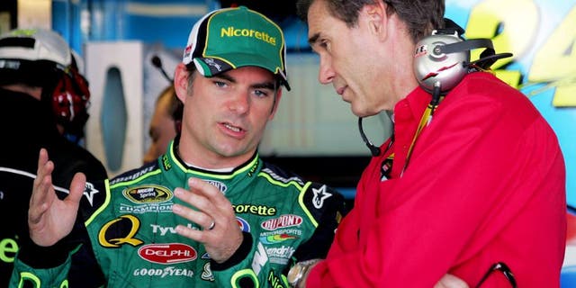 AVONDALE, AZ - APRIL 10: (L-R) Jeff Gordon, driver of the #24 Dupont/Nicorette Chevrolet, talks with Ray Evernham, NASCAR team owner for Gillett Evernham Motorsports, during practice for the NASCAR Sprint Cup Series Subway Fresh Fit 500 at Phoenix International Raceway on April 10, 2008 in Avondale, Arizona. (Photo by Todd Warshaw/Getty Images for NASCAR)