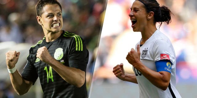 PASADENA, CA - OCTOBER 10: Javier Hernandez #14 of Mexico celebrates the first goal of the match during the CONCACAF Cup between the United States and Mexico at the Rose Bowl on October 10, 2015 in Pasadena, California. (Photo by Shaun Clark/Getty Images) VANCOUVER, BC - JULY 05: Carli Lloyd #10 of the United States celebrates scoring the opening goal against Japan in the FIFA Women's World Cup Canada 2015 Final at BC Place Stadium on July 5, 2015 in Vancouver, Canada. (Photo by Kevin C. Cox/Getty Images)