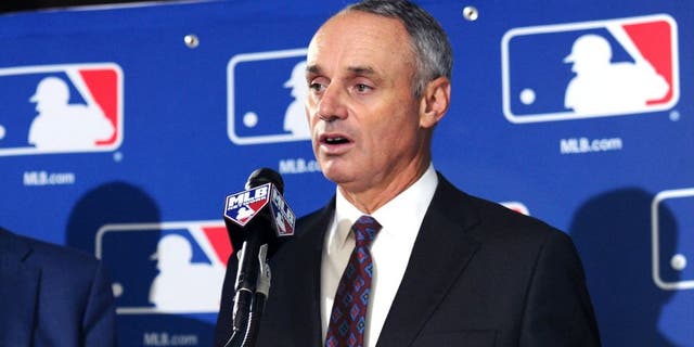MLB Commissioner Rob Manfred speaks at a news conference in Baltimore, Aug. 14, 2014. (USA Today Sports)