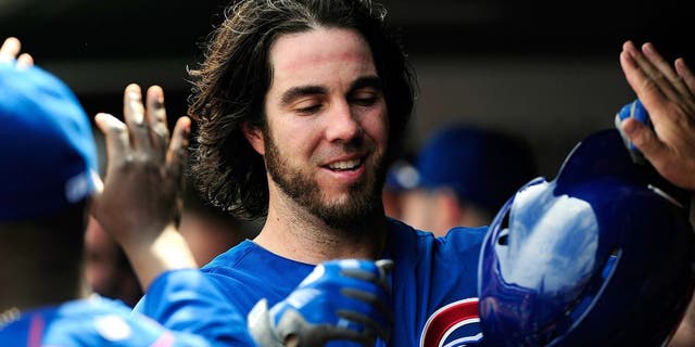 Sep 7, 2015; St. Louis, MO, USA; Chicago Cubs starting pitcher Dan Haren (50) is congratulated by teammates after driving in a run on a sacrifice fly off of St. Louis Cardinals relief pitcher Tyler Lyons (not pictured) during the fifth inning at Busch Stadium. Mandatory Credit: Jeff Curry-USA TODAY Sports