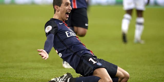 Paris Saint-Germain's Argentinian forward Angel Di Maria celebrates after scoring a goal during the French L1 football match between Paris Saint-Germain (PSG) and Angers on January 23, 2016 at the Parc des Princes stadium in Paris. AFP PHOTO / FRANCK FIFE / AFP / FRANCK FIFE (Photo credit should read FRANCK FIFE/AFP/Getty Images)
