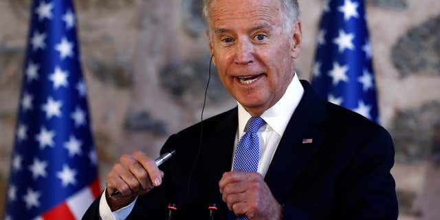 Jan. 23, 2016: U.S. Vice President Joe Biden talks during a joint news conference with Turkish Prime Minister Ahmet Davutoglu, not seen, following their meeting in Dolmabahce Palace in Istanbul.