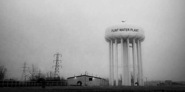 This Jan. 21, 2016 photo shows the water tower at the Flint, Mich., water plant.