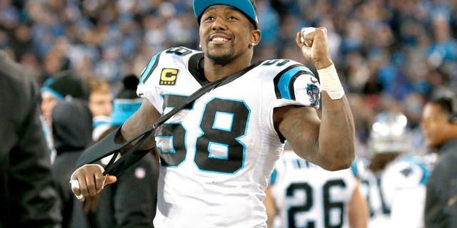 Jan 24, 2016; Charlotte, NC, USA; Carolina Panthers outside linebacker Thomas Davis (58) celebrates during the fourth quarter against the Arizona Cardinals in the NFC Championship football game at Bank of America Stadium. Mandatory Credit: Jason Getz-USA TODAY Sports