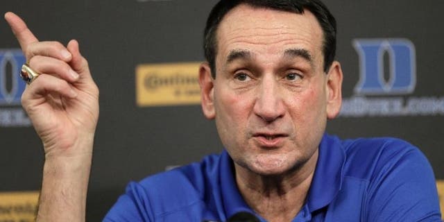 Duke basketball coach Mike Krzyzewski speaks to members of the media during a press conference in Durham, N.C., Thursday, Sept. 18, 2014.