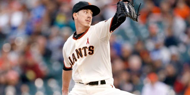May 20, 2015; San Francisco, CA, USA; San Francisco Giants starting pitcher Tim Lincecum (55) pitches during the first inning against the Los Angeles Dodgers at AT&T Park. Mandatory Credit: Bob Stanton-USA TODAY Sports