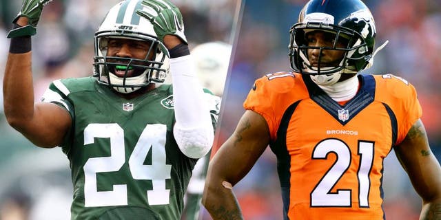 EAST RUTHERFORD, NJ - DECEMBER 27: Darrelle Revis #24 of the New York Jets reacts in the third quarter against the New England Patriots during their game at MetLife Stadium on December 27, 2015 in East Rutherford, New Jersey. (Photo by Al Bello/Getty Images) DENVER, CO - JANUARY 03: Aqib Talib (21) of the Denver Broncos waits for a play in the second quarter. The Denver Broncos played the San Diego Chargers at Sports Authority Field at Mile High in Denver, CO on January 3, 2016. (Photo by Joe Amon/The Denver Post via Getty Images)
