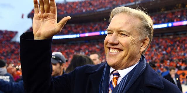Jan 24, 2016; Denver, CO, USA; Denver Broncos general manager John Elway celebrates after defeating the Denver Broncos in the AFC Championship football game at Sports Authority Field at Mile High. Mandatory Credit: Mark J. Rebilas-USA TODAY Sports
