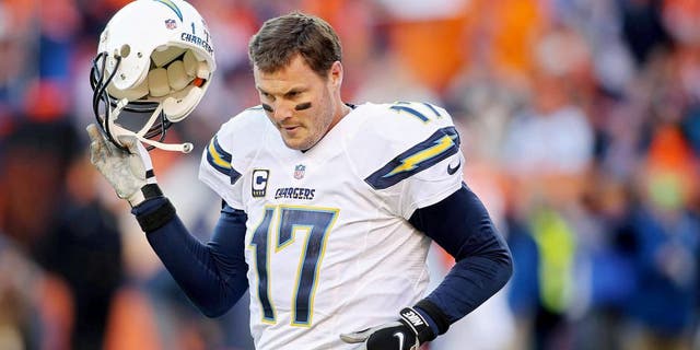 Jan 3, 2016; Denver, CO, USA; San Diego Chargers quarterback Philip Rivers (17) during the first half against the Denver Broncos at Sports Authority Field at Mile High. Mandatory Credit: Chris Humphreys-USA TODAY Sports