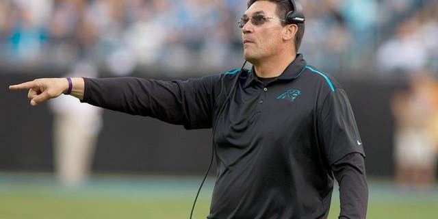 Dec 13, 2015; Charlotte, NC, USA; Carolina Panthers head coach Ron Rivera challenges the play during the third quarter against the Atlanta Falcons at Bank of America Stadium. Panthers defeated the Falcons 38-0. Mandatory Credit: Jeremy Brevard-USA TODAY Sports