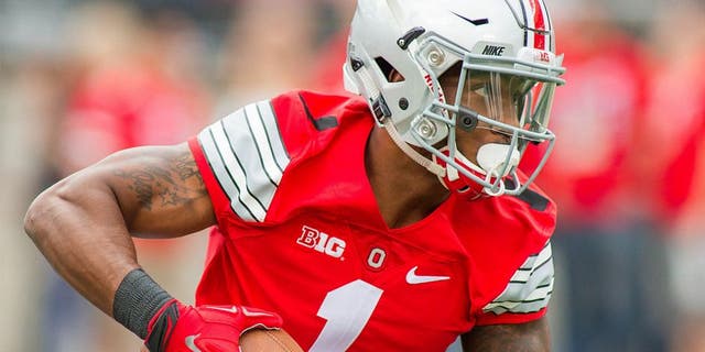 Sep 12, 2015; Columbus, OH, USA; Ohio State Buckeyes wide receiver Braxton Miller (1) warms up before the game against the Hawaii Warriors at Ohio Stadium. The Ohio State Buckeyes beat the Hawaii Warriors by the score of 38-0. Mandatory Credit: Trevor Ruszkowski-USA TODAY Sports