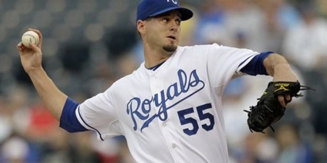 Kansas City Royals starting pitcher Gil Meche throws during the first inning a baseball game against the Texas Rangers Tuesday, May 25, 2010 in Kansas City, Mo.