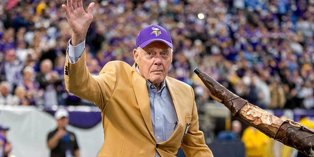 Dec 29, 2013; Minneapolis, MN, USA; Minnesota Vikings former head coach Bud Grant acknowledges the crowd during a ceremony before the game with the Detroit Lions at Mall of America Field at H.H.H. Metrodome. The Vikings win 14-13. Mandatory Credit: Bruce Kluckhohn-USA TODAY Sports