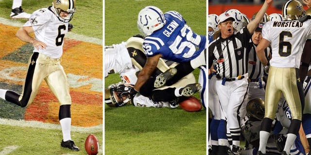 MIAMI GARDENS, FL - FEBRUARY 07: Thomas Morstead #6 of the New Orleans Saints kicks an onside kick against of the Indianapolis Colts during Super Bowl XLIV on February 7, 2010 at Sun Life Stadium in Miami Gardens, Florida. (Photo by Doug Benc/Getty Images) *** Local Caption *** Thomas Morstead MIAMI GARDENS, FL - FEBRUARY 07: Chris Reis #39 and Roman Harper #41 of the New Orleans Saints fight for the ball with Cody Glenn and Hank Baskett of the Indianapolis Colts after a onside kick to start the second half with during Super Bowl XLIV on February 7, 2010 at Sun Life Stadium in Miami Gardens, Florida. (Photo by Doug Benc/Getty Images) *** Local Caption *** Chris Reis;Roman Harper;Cody Glenn;Hank Baskett MIAMI GARDENS, FL - FEBRUARY 07: Referee Scott Green signals after the New Orleans Saints recover an onside kick against the Indianapolis Colts during Super Bowl XLIV on February 7, 2010 at Sun Life Stadium in Miami Gardens, Florida. (Photo by Jonathan Daniel/Getty Images) *** Local Caption *** Scott Green