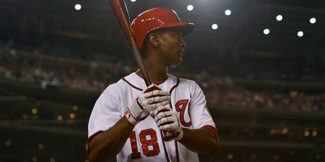 Sep 26, 2014; Washington, DC, USA; Washington Nationals right fielder Michael Taylor (18) stands in the on deck circle during the fourth inning against the Miami Marlins in game two of a baseball doubleheader at Nationals Park. Mandatory Credit: Tommy Gilligan-USA TODAY Sports