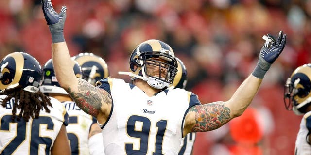SANTA CLARA, CA - JANUARY 03: Chris Long #91 of the St. Louis Rams reacts after a play against the San Francisco 49ers during their NFL game at Levi's Stadium on January 3, 2016 in Santa Clara, California. (Photo by Ezra Shaw/Getty Images)